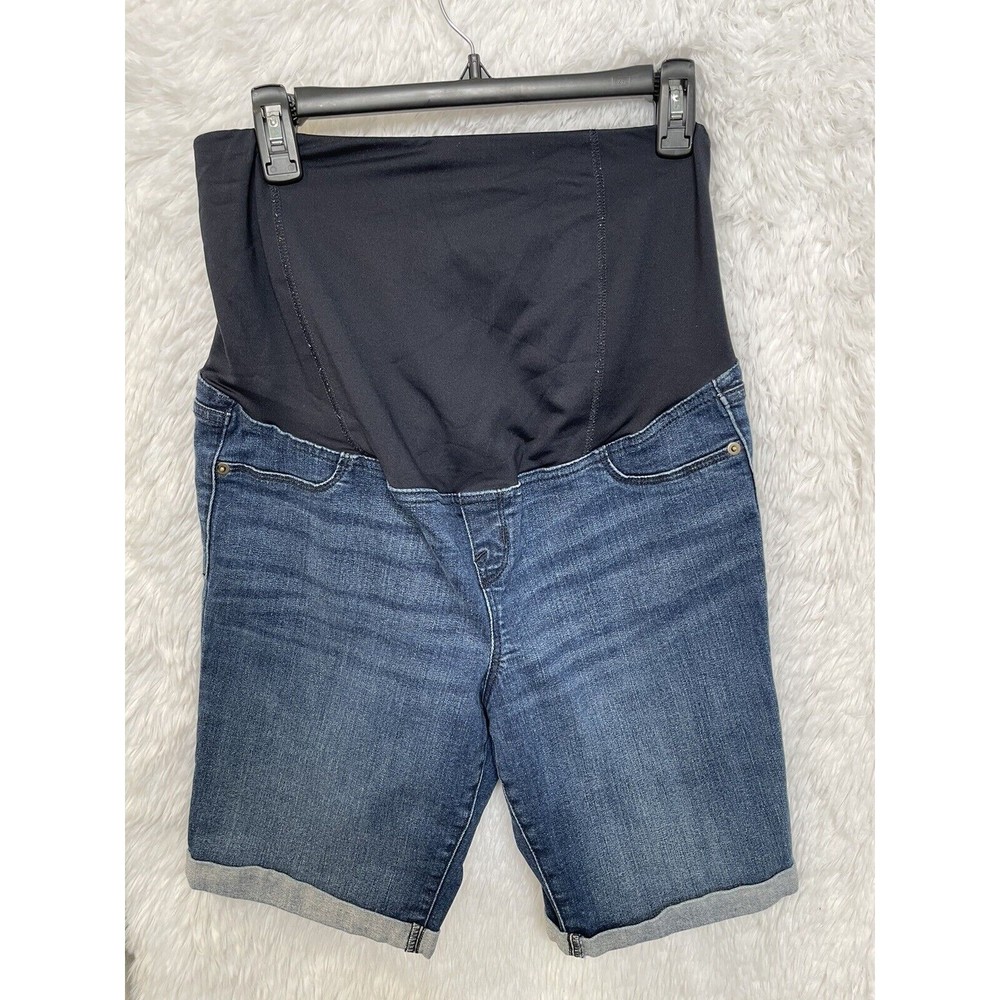 Ingrid & Isabel Maternity Crossover Panel Bermuda Jean Shorts Dark Wash 12